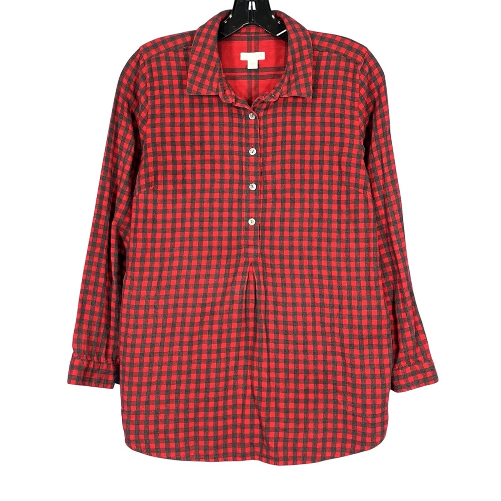 J.JILL Red/Black BUFFALO PLAID Mid-Weight Flannel HALF-BUTTON Popover Top S/P